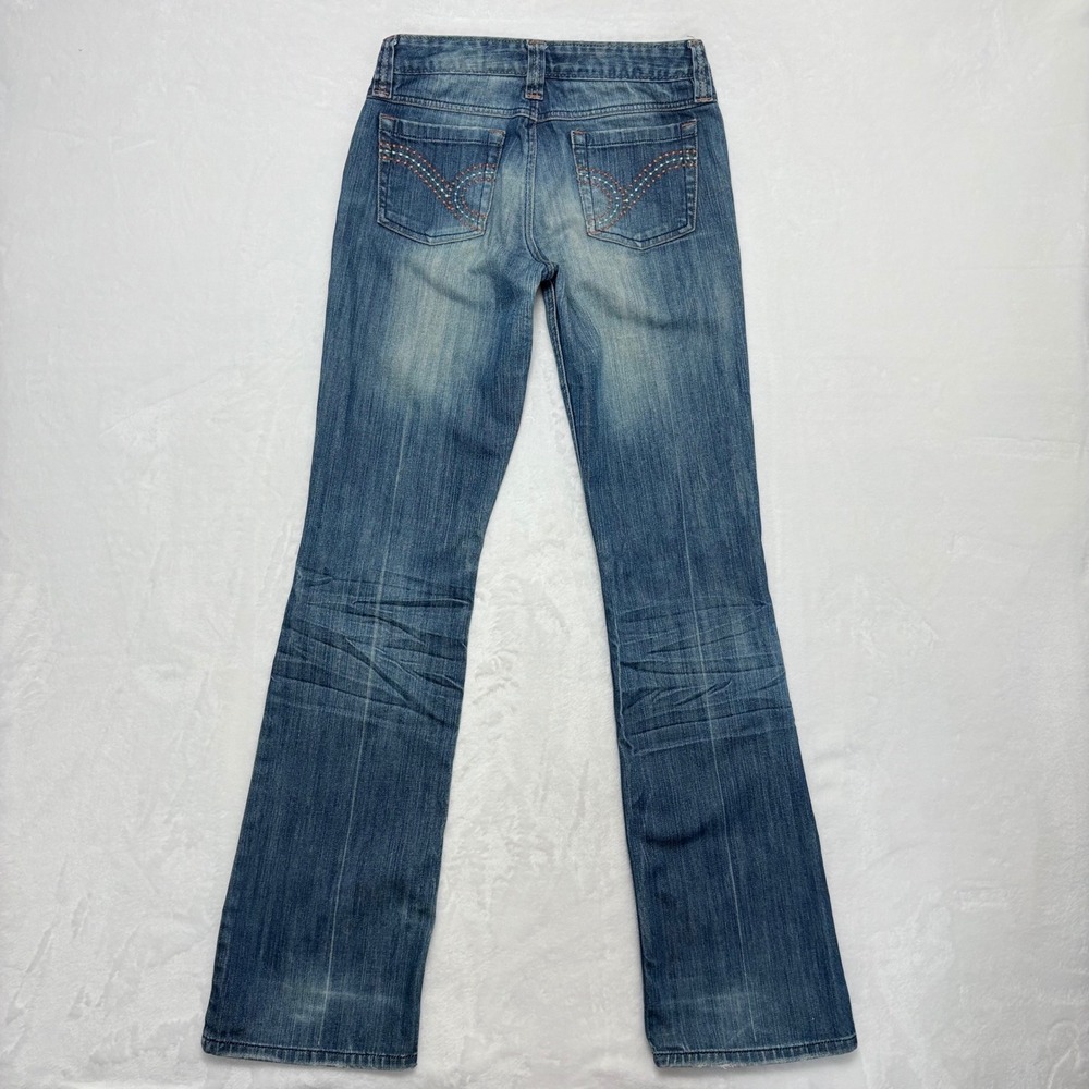 Mudd Jeans Y2K Size 3 Low Rise Flare Medium Wash Distressed Denim Blue Vintage - Picture 3 of 11